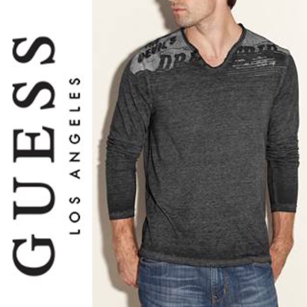 GUESS Myer Long-Sleeve Jersey Tee Gray V-Shape (L)